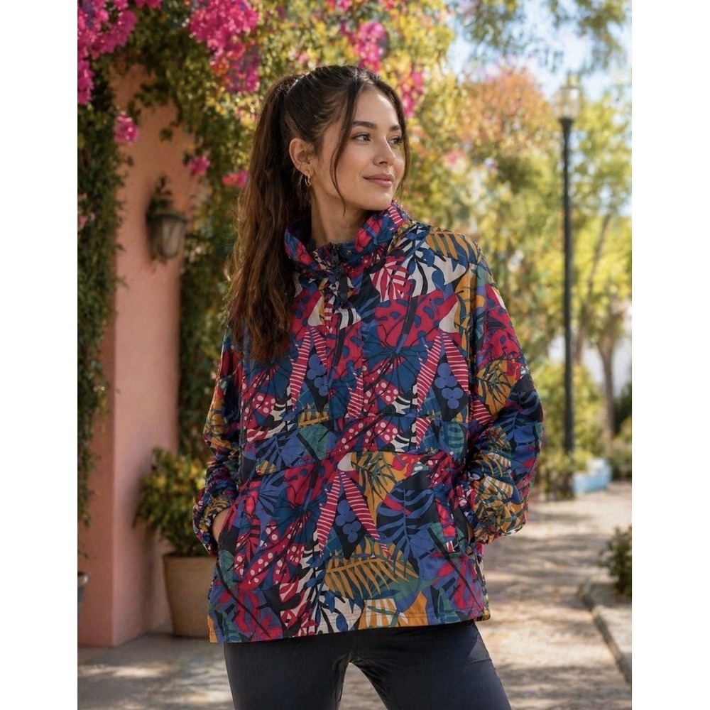 Lauren James Women Anorak Rain Jacket Pullover Tropical Floral Windbreaker SMALL